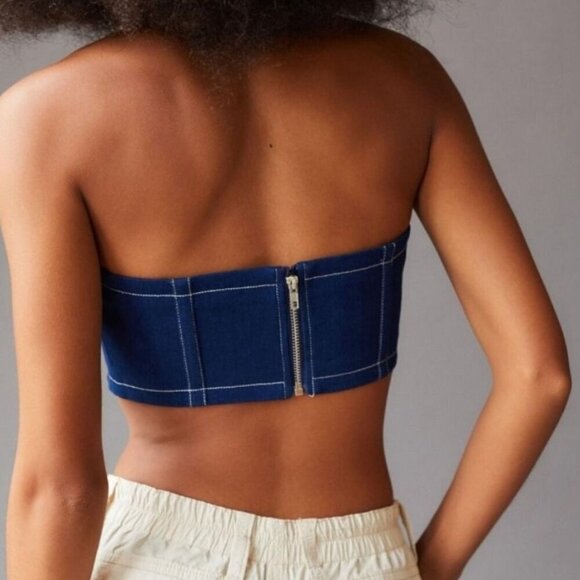 By.DYLN Denim Tube Top – Dark Blue Smocked Strapless Crop w/ Zipper | Deadstock - Picture 2 of 14